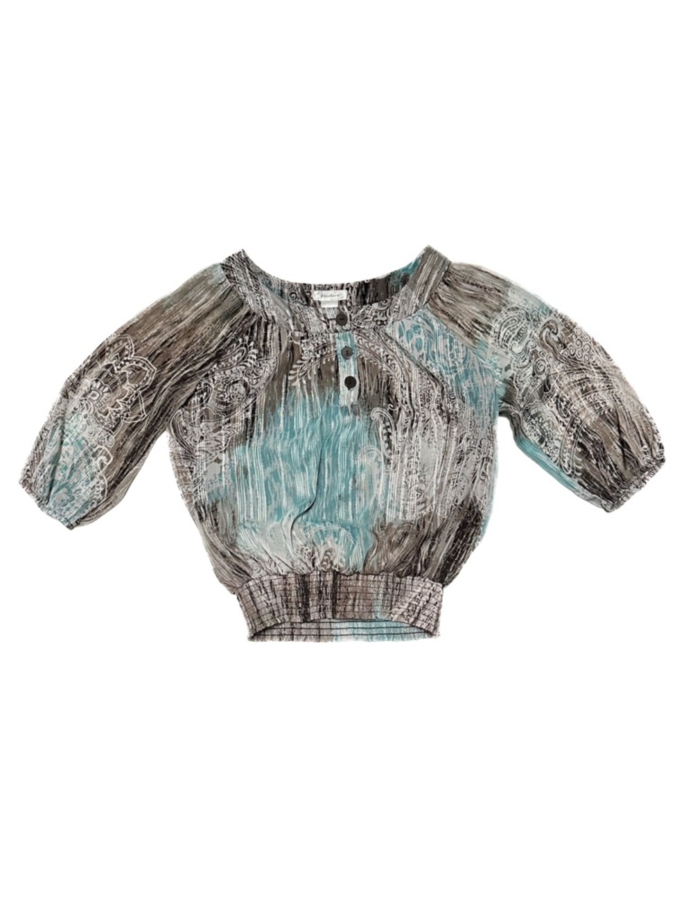 Vintage Y2K Banded Hem Metallic Paisley Peasant Blouse Popover Going Out Top